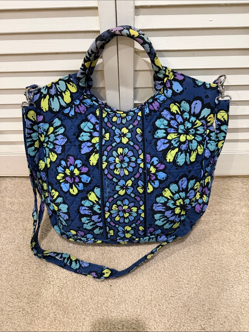 Vera Bradley Quilted Floral Navy Shoulder Tote with Detachable Strap